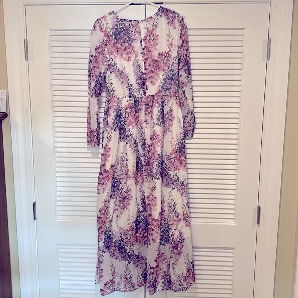 Floral Long Sleeve Maxi Dress & Scarf - Pink and Purple Chiffon - Picture 5 of 14